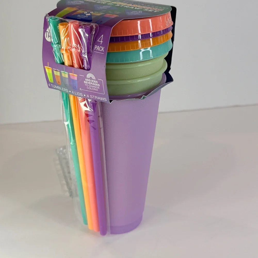 🆕 TAL 4pc Color Changing 24oz Glitter Tumbler Set w/ Straws